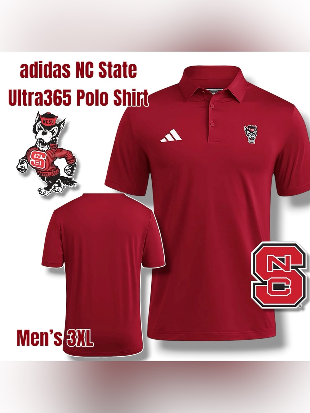adidas NC State Men's Red Ultra365 Polo Shirt, Men’s Size 3XL (Red)